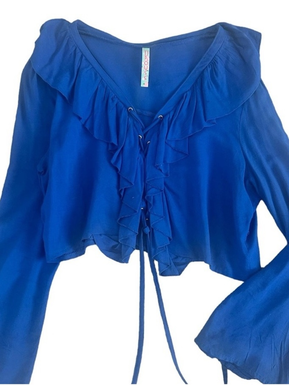 Ruffled Lace-Up Blue Women's Blouse